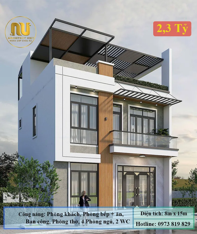 Mẫu nhà 2 tầng ngang 8m sâu 15m