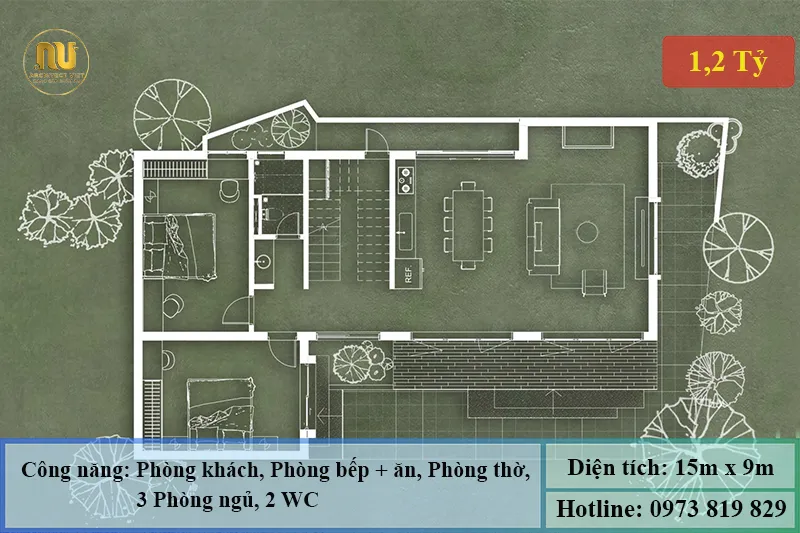 Mẫu Nhà Ngang 15m x 9m 
