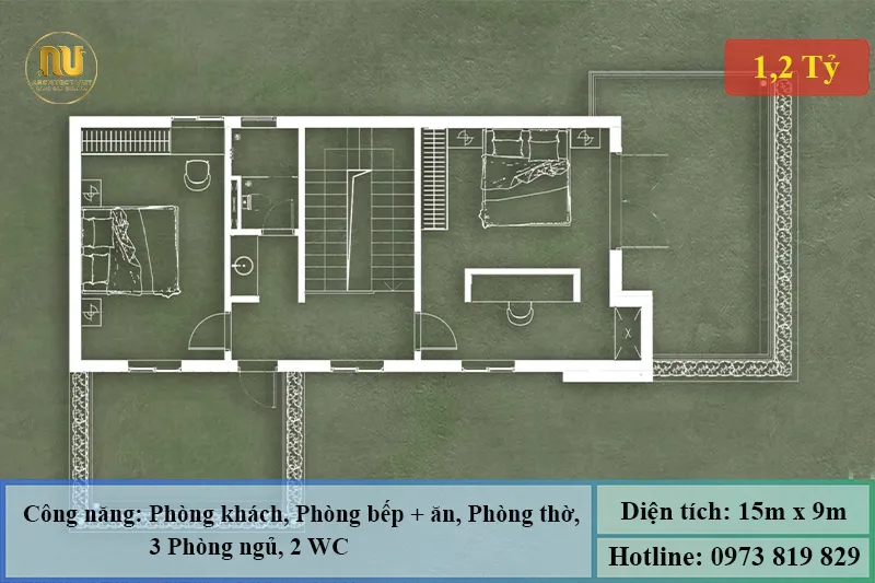 Mẫu Nhà Ngang 15m x 9m 