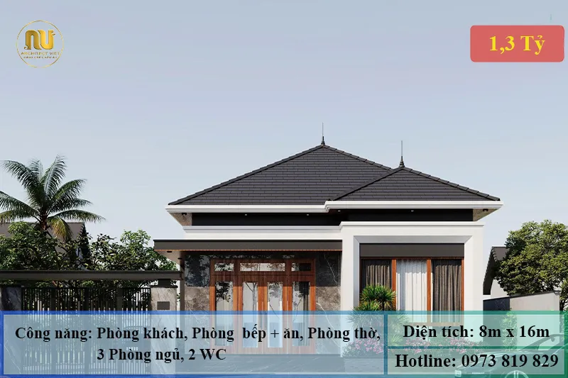 Thiết kế nhà 1 tầng 8x16m