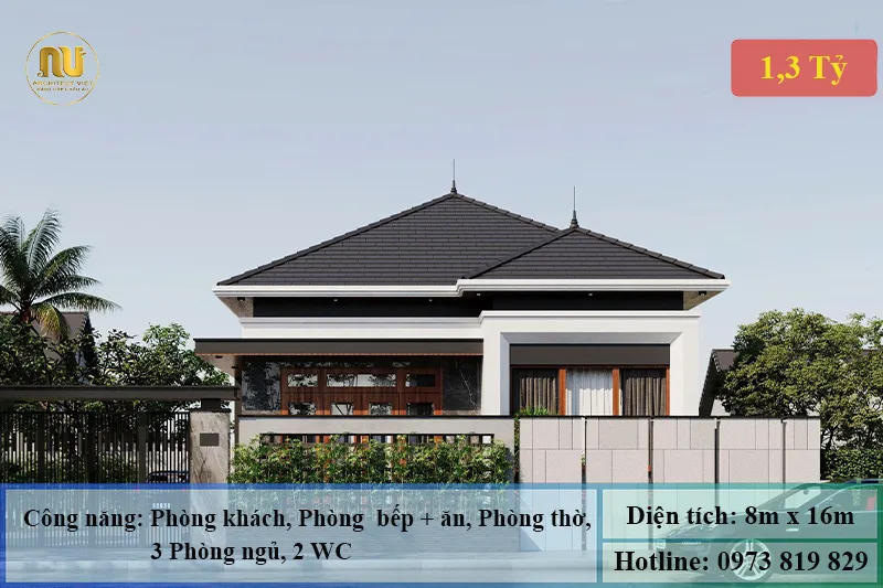 Thiết kế nhà 1 tầng 8x16m