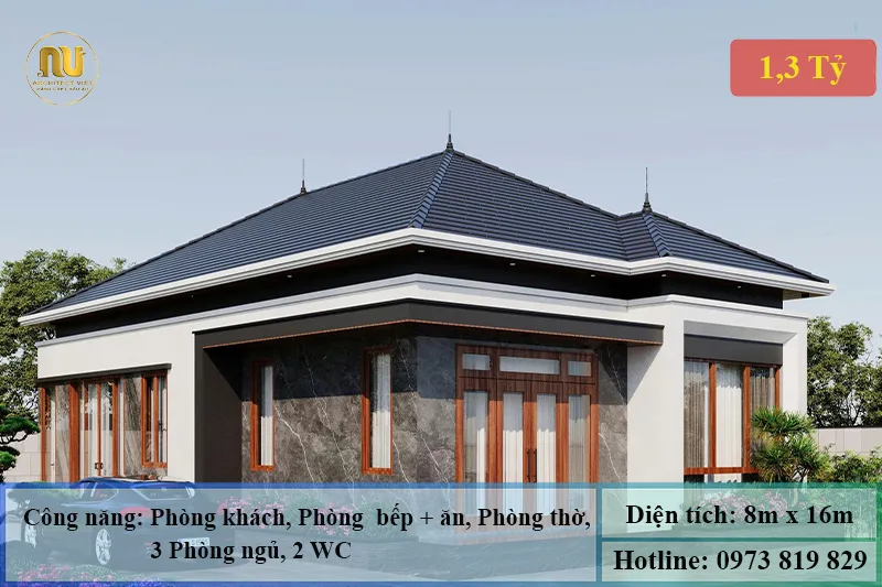 Thiết kế nhà 1 tầng 8x16m