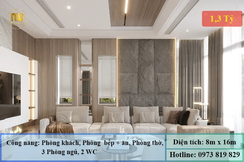 Thiết kế nhà 1 tầng 8x16m