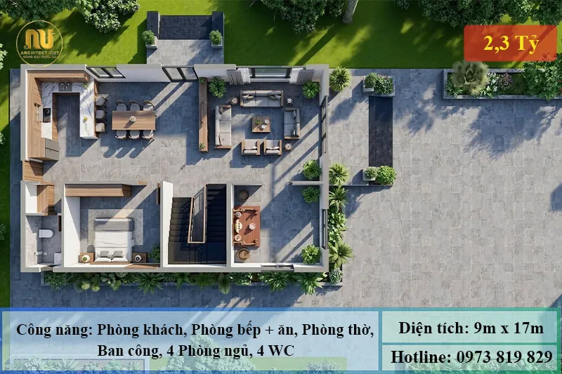 Biệt thự mái nhật ngang 9m dài 17m