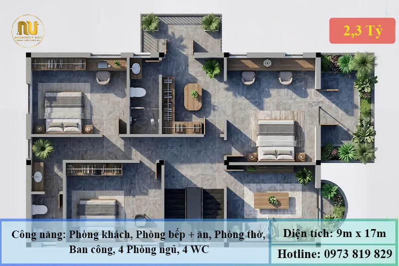 Biệt thự mái nhật ngang 9m dài 17m