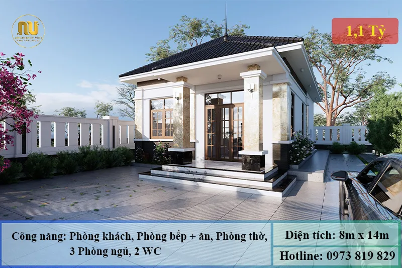 Thiết kế nhà ngang 8m dài 14m 1 tầng