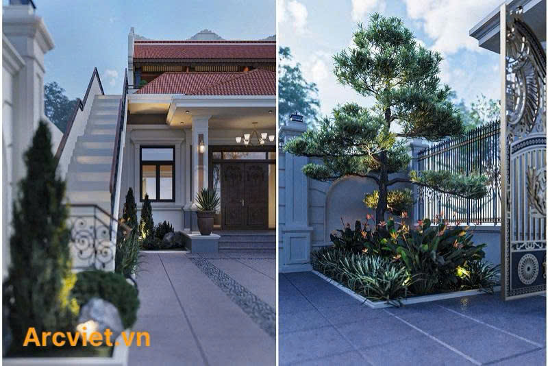 Hình ảnh từng góc sân vườn được chúng tôi thiết kế chỉn chu để tăng thêm tính phong thủy cho mẫu nhà ở kết hợp nhà thờ truyền thống