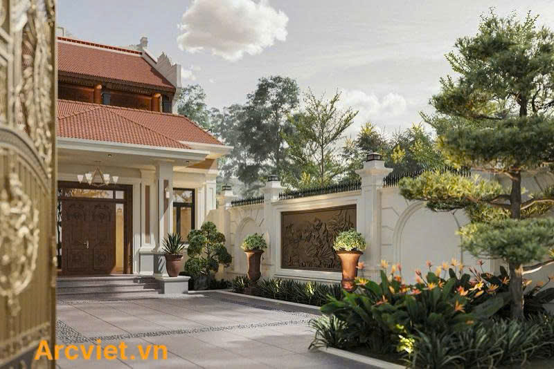 Sân vườn được thiết kế đẹp mắt để tăng tính phong thủy cho công trình