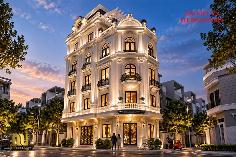 Mẫu nhà lô góc 2 mặt tiền 5 tầng kinh doanh