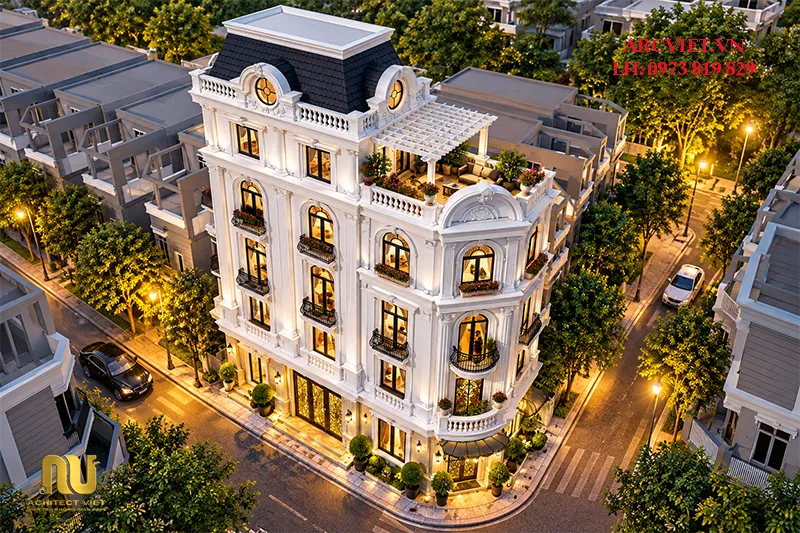 Mẫu nhà lô góc 2 mặt tiền 5 tầng kinh doanh