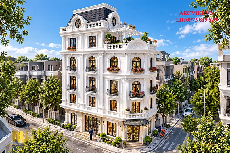 Mẫu nhà lô góc 2 mặt tiền 5 tầng kinh doanh