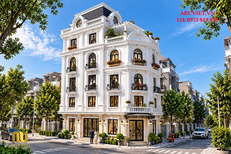 Mẫu nhà lô góc 2 mặt tiền 5 tầng kinh doanh