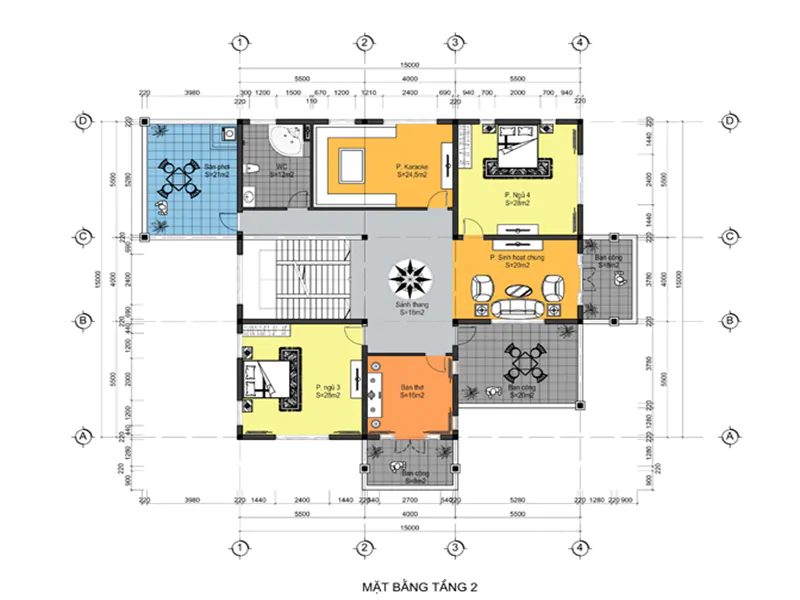bố trí công năng tầng 2 biệt thự nhà vườn 2 tầng