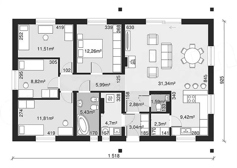 Bản vẽ thiết kế biệt thự mini 1 tầng 150m2