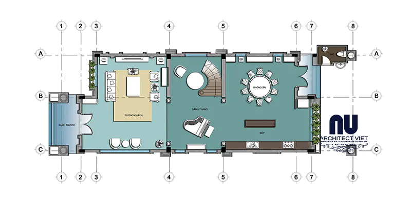 Phương án bố trí công năng tầng 1 của căn biệt thự 3 tầng tân cổ điển