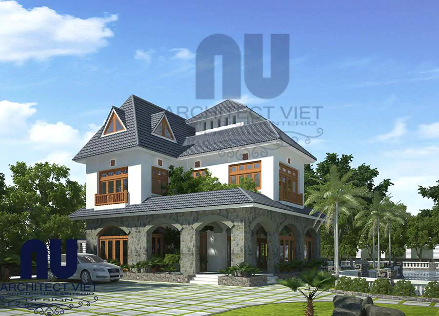 Biệt thự 2 tầng 1 tum 150m2 thiết kế thi công thep phong cách á âu