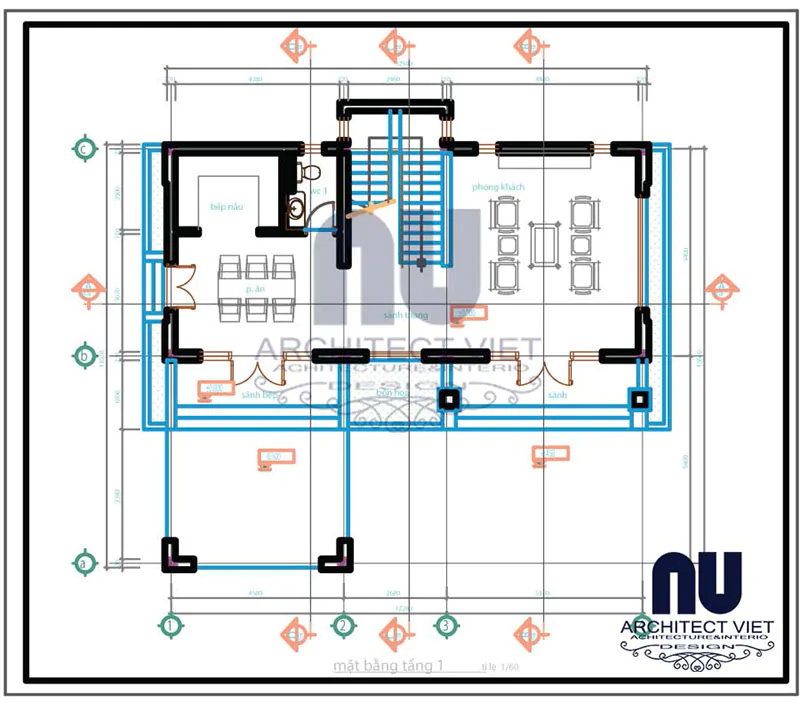 Mặt bằng nội thất tầng 1 biệt thự 2 tầng 3 phòng ngủ