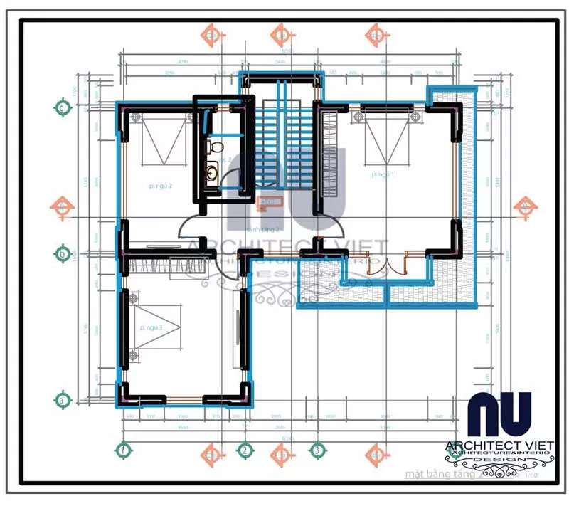 Mặt bằng nội thất tầng 2 biệt thự 2 tầng 3 phòng ngủ