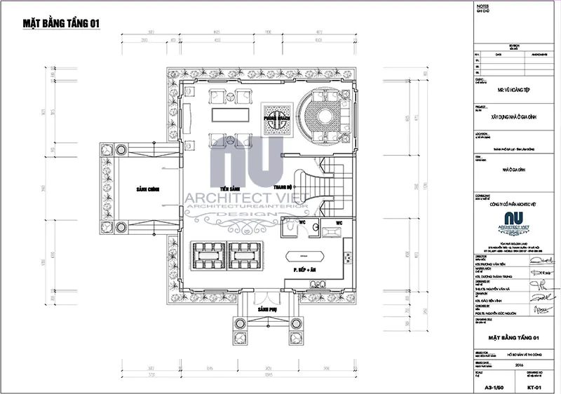 Chi tiết cách bố trí mặt bằng tầng 1 căn biệt thự 3 tầng 220m2