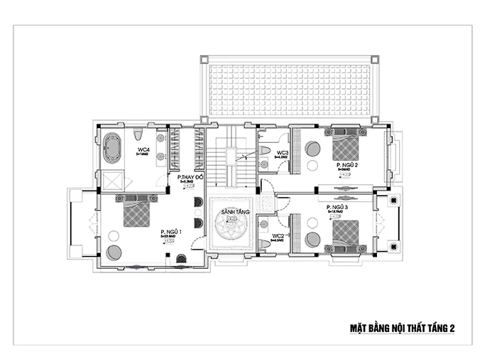 bản vẽ tầng 2 biệt thự 3 tầng mặt tiền 8m