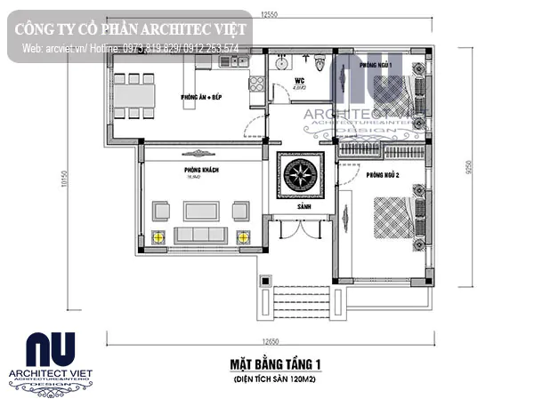 thiết kế nhà 1 tầng 120m2