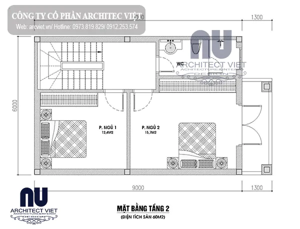 Mặt bằng công năng tầng 2 mái thái 2 tầng 60m2