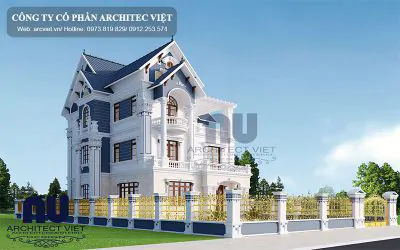 mẫu nhà 3 tầng 1 tum 120m2 với mái thái màu xanh hiện đại