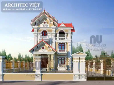 thiết kế Mẫu thiết kế nhà 3 tầng mái thái tân cổ điển có tầng tum tiện nghi