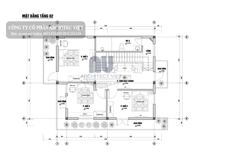 mặt bằng công năng tầng 2 biệt thự hiện đại 2 tầng 76m2