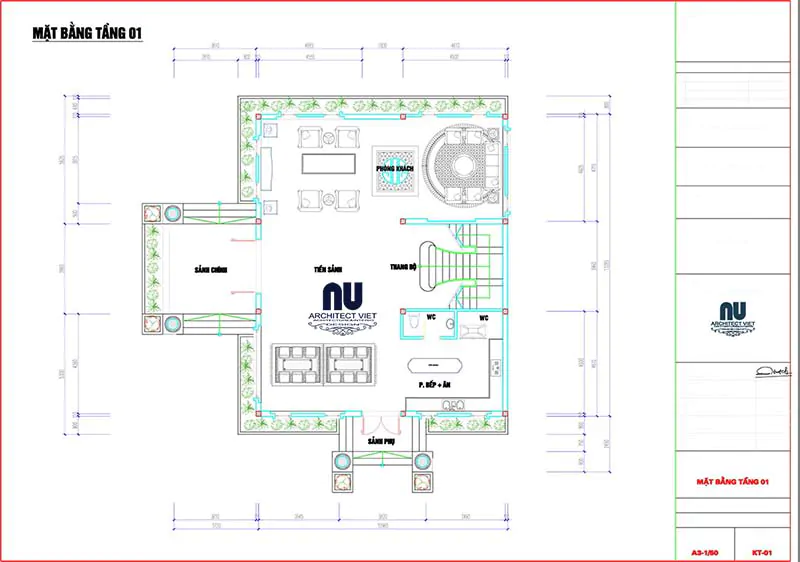 bố trí công năng tầng 1 biệt thự tân cổ điển 3 tầng 300m2