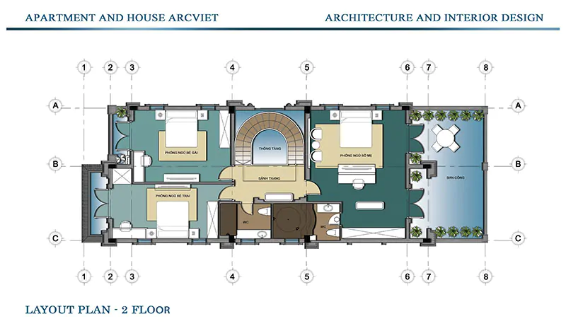 bố trí công năng tầng 2 cải tạo biệt thự tân cổ điển 3 tầng 140m2