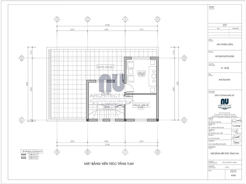 bố trí tầng tum nhà phố 2 tầng 80m2