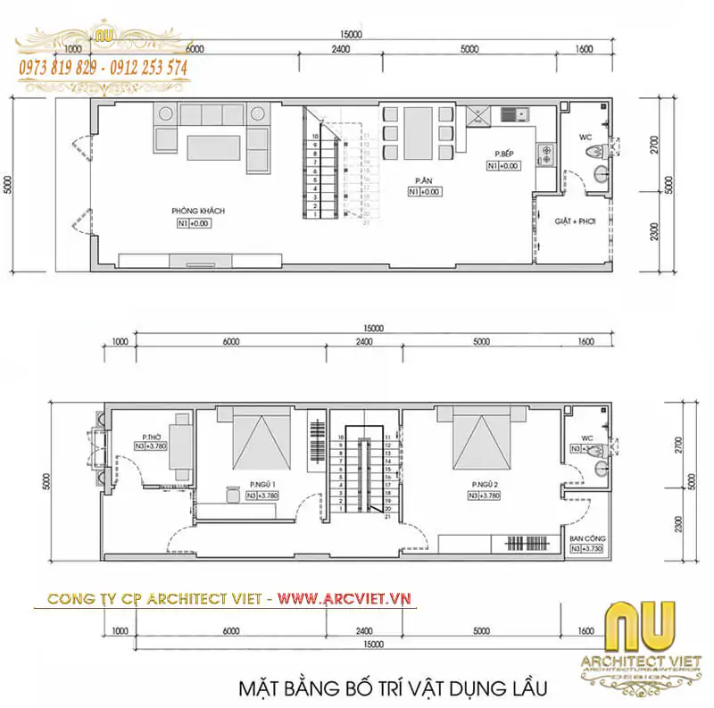 bản vẽ nhà ống 2 tầng 3 phòng ngủ