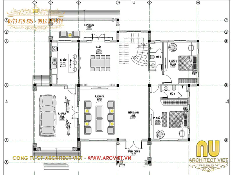 mặt bằng tầng 1 của biệt thự 2 tầng thiết kế theo phong cách châu âu