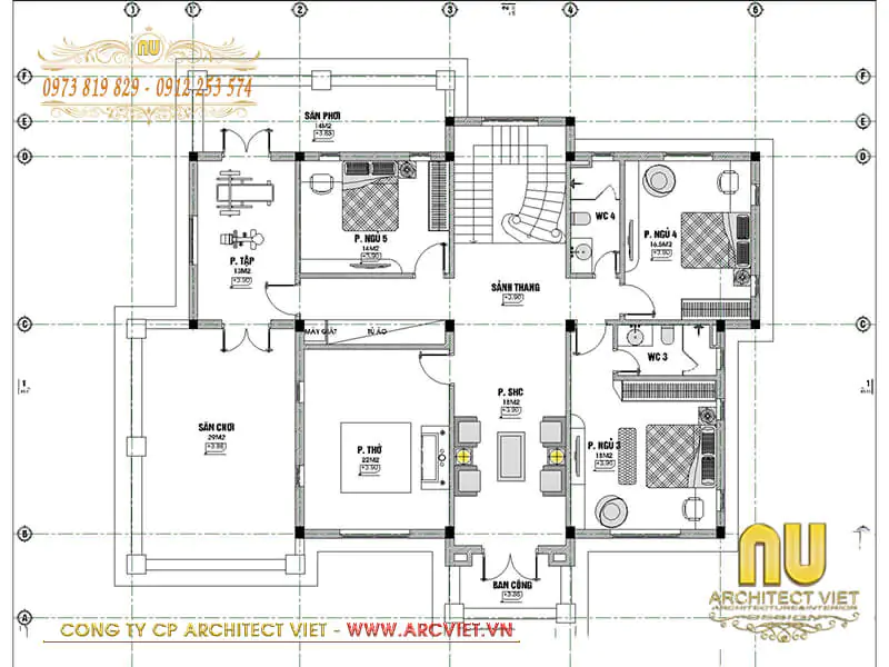 Mặt bằng tầng 2 biệt thự kiểu châu Âu nhà chú Đạt