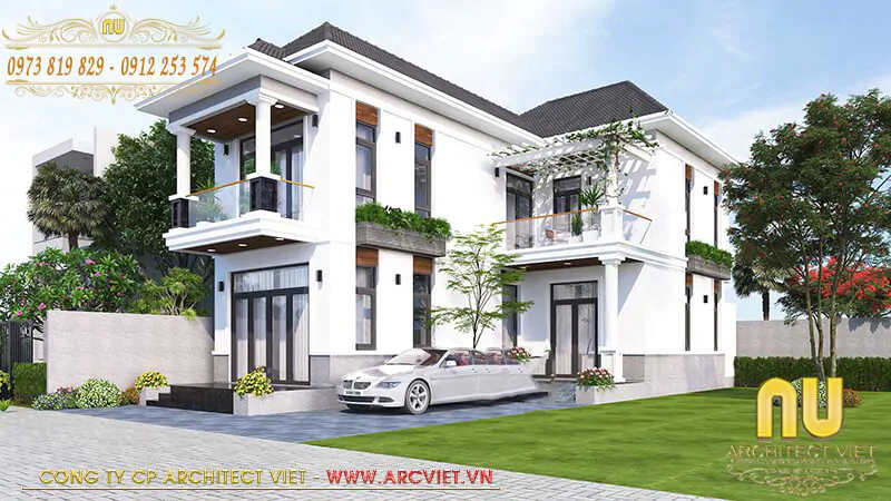 mẫu nhà 2 tầng chữ L 100m2