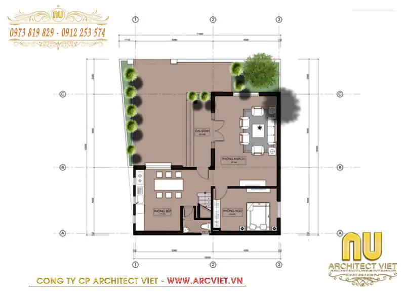 mẫu nhà 3 tầng chữ l 100m2