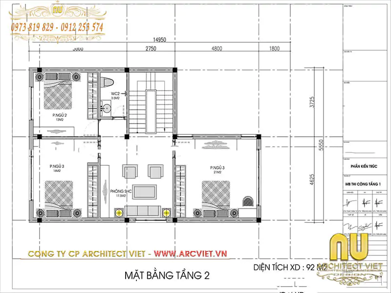 Thiết kế bản vẽ nhà 2 tầng chữ L 80m2