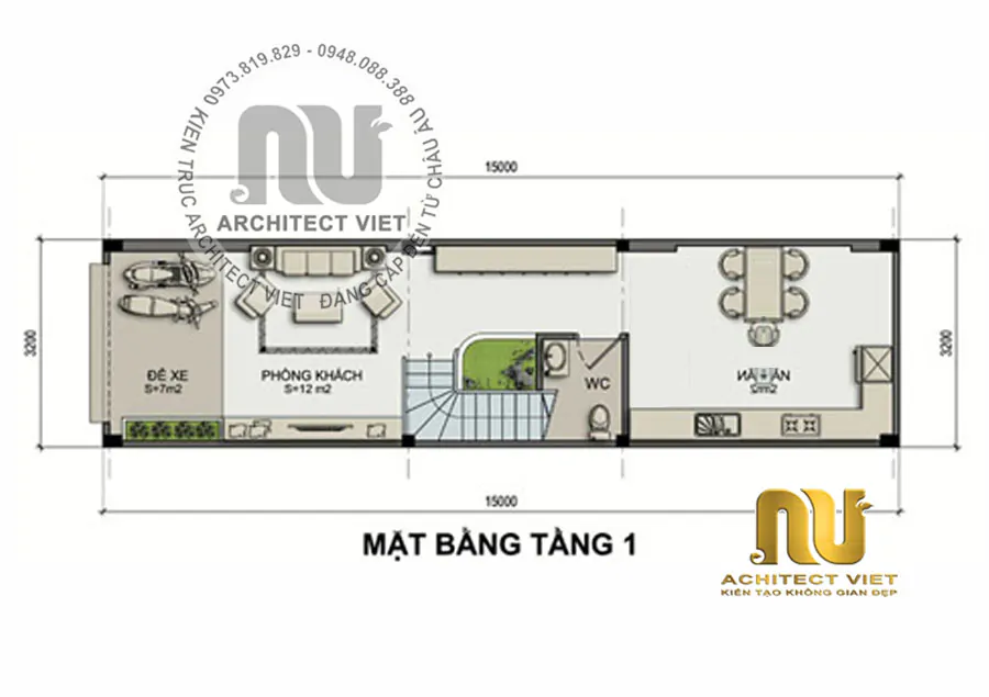 Mặt bằng kiến trúc tầng 1 của ngôi nhà.