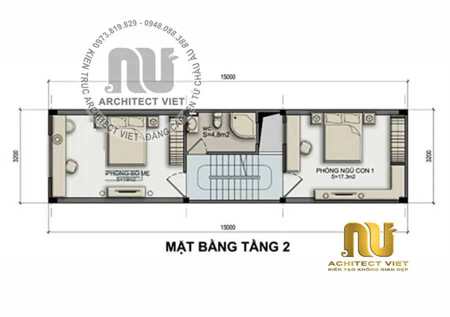 Mặt bằng kiến trúc tầng 2 của ngôi nhà.