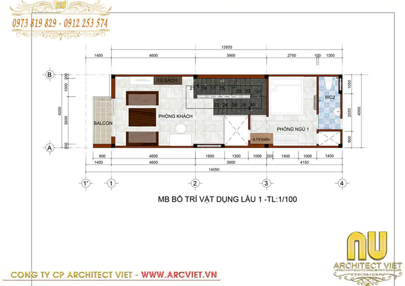 nhà ống gác lửng 3 phòng ngủ