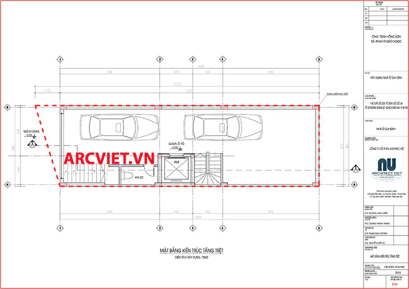 Mặt bằng tầng trệt làm gara để xe ô tô và xe máy, thiết kế thang máy thang bộ về cùng 1 trục có tác dụng làm cho không gian sử dụng được nhiều hơn