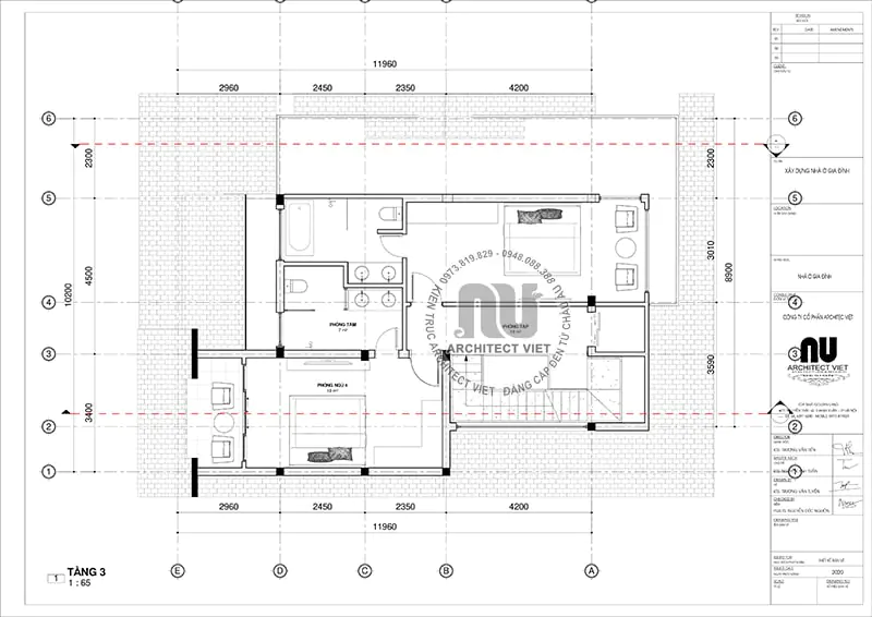 Mặt bằng nội thất tầng 3 biệt thự phố hiện đại