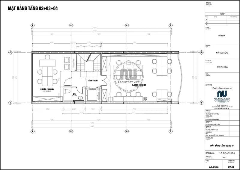 Mặt bằng tầng văn phòng điển hình trong mẫu nhà ống 6x16m