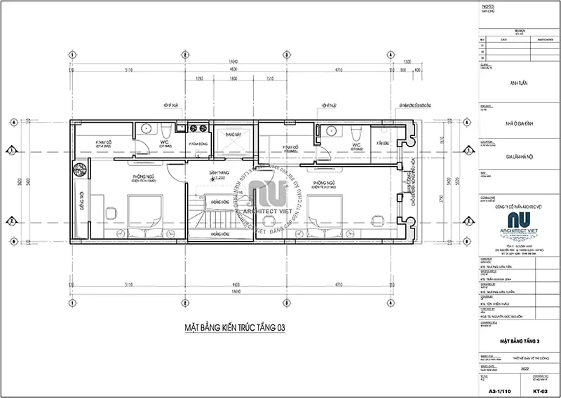 Trên tầng 3 bố trí phòng ngủ của các thành viên trong gia đình