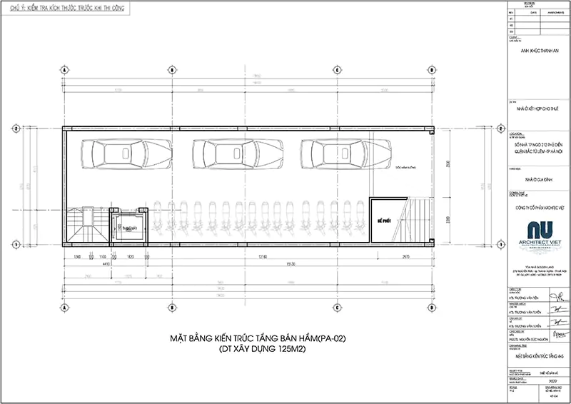 Mặt bằng nội thất tầng bán hầm để xe, vừa để xe gia đình vừa để xe cho các văn phòng làm việc