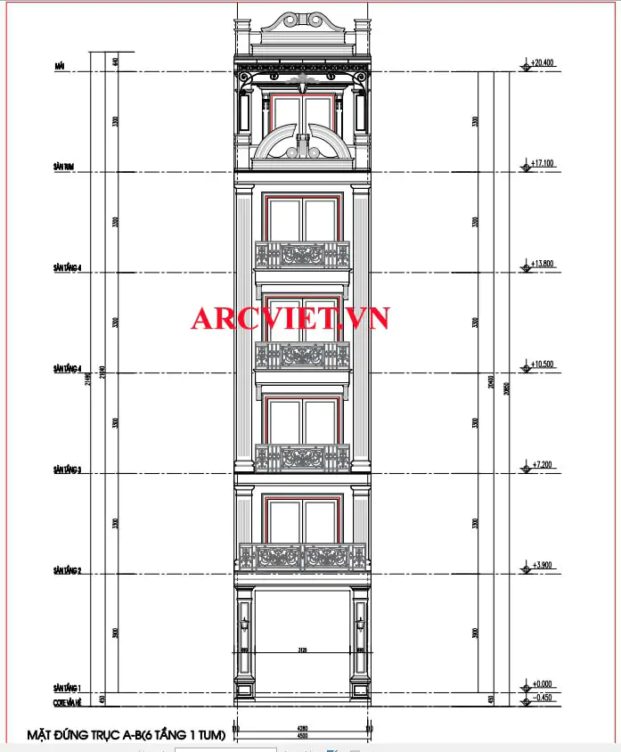 Mặt đứng nhà ống 4x16m với các thông số chi tiết để gia chủ xin phép xây dựng cũng như để thợ thi công