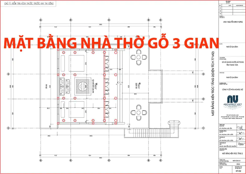 Mặt bằng không gian nội thất trong mẫu nhà thờ họ 3 gian 60m2 