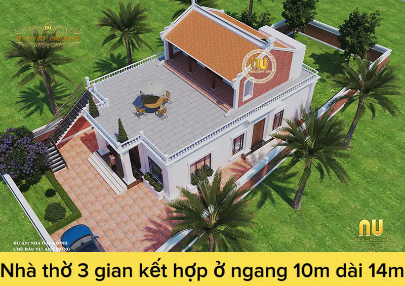 Nhà thờ họ 3 gian kết hợp ở 10x14m 3 phòng ngủ mẫu 2 tầng được thiết kế trên đất méo