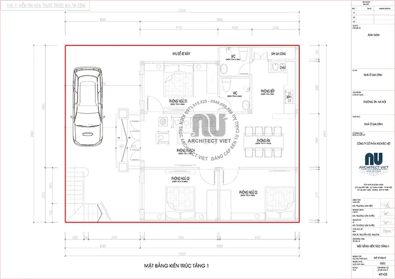 Tổng mặt bằng diện tích đất và công năng sử dụng trên khuôn viên đất 9x12m của mẫu nhà thờ họ 3 gian kết hợp ở 2 tầng